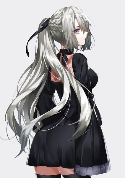 Anime picture 900x1275 with original lydia macarthur waka (shark waka) single long hair tall image looking at viewer fringe breasts simple background hair between eyes payot silver hair ponytail braid (braids) long sleeves profile looking back from behind grey background
