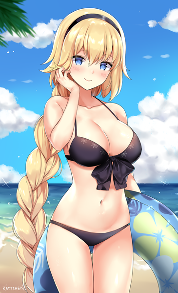 Anime picture 907x1488 with fate (series) fate/grand order jeanne d'arc (fate) (all) jeanne d'arc (swimsuit archer) kaetzchen single tall image looking at viewer blush fringe breasts blue eyes light erotic blonde hair hair between eyes large breasts standing bare shoulders holding signed