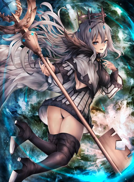 Anime picture 1500x2038 with original snm (sunimi) single long hair tall image looking at viewer fringe breasts open mouth blue eyes light erotic smile hair between eyes holding payot bent knee (knees) ass looking back wind grey hair