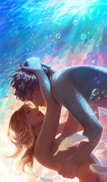 Anime picture 995x1694 with the specific heat capacity of love j-witless long hair tall image short hair light erotic black hair blonde hair smile bare shoulders sky cloud (clouds) eyes closed sunlight realistic hug underwater face to face shounen ai boy