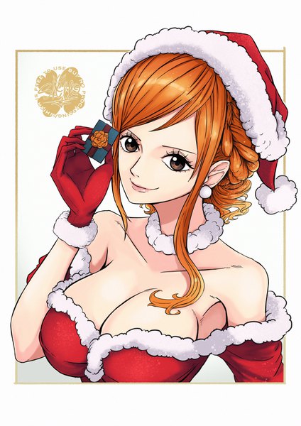 Anime picture 2480x3508 with one piece toei animation nami (one piece) sherumaru (korcht06) single long hair tall image looking at viewer fringe highres breasts light erotic simple background smile large breasts white background bare shoulders holding brown eyes signed