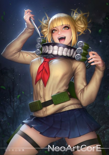 Anime picture 800x1132 with boku no hero academia studio bones toga himiko nudtawut thongmai single tall image looking at viewer blush fringe short hair open mouth blonde hair holding signed outdoors blunt bangs pleated skirt arm up realistic night