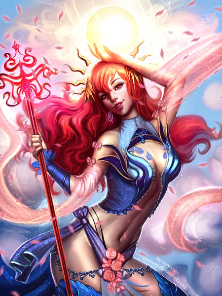 Anime picture 1536x2048 with ayyasap single long hair tall image looking at viewer fringe breasts light erotic red eyes red hair lips realistic bare belly lipstick pink lipstick girl navel earrings staff clothes
