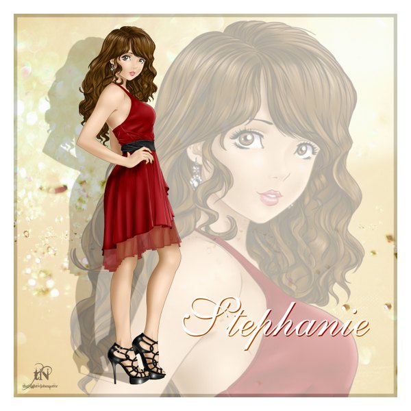 Anime picture 3000x3000 with original stephanie winters (original) thenightwishmaster single long hair looking at viewer highres brown hair brown eyes signed lips character names hand on hip wavy hair zoom layer girl dress earrings shoes