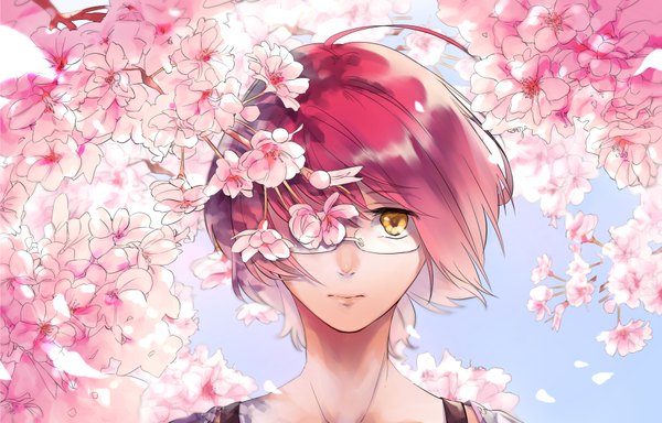 Anime picture 900x576 with nanatsu no taizai a-1 pictures gowther (nanatsu no taizai) mic (pa ck age) single looking at viewer fringe short hair hair between eyes yellow eyes pink hair ahoge wind cherry blossoms portrait gradient hair blue background covering eye (eyes) flower over eye boy