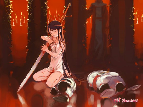 Anime picture 1280x960 with long hair sitting eyes closed very long hair hug girl sword armor blood helmet