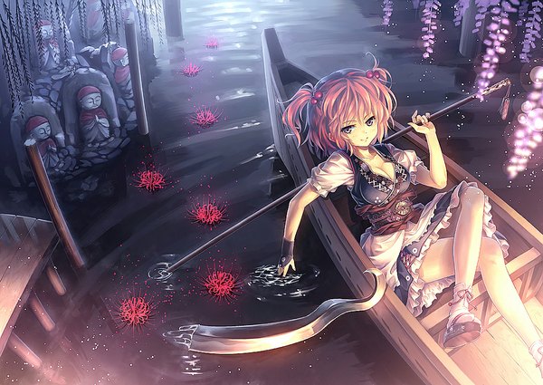 Anime picture 1084x768 with touhou onozuka komachi orita enpitsu single short hair breasts smile sitting purple eyes pink hair two side up girl dress weapon water socks shoes frills belt fingerless gloves