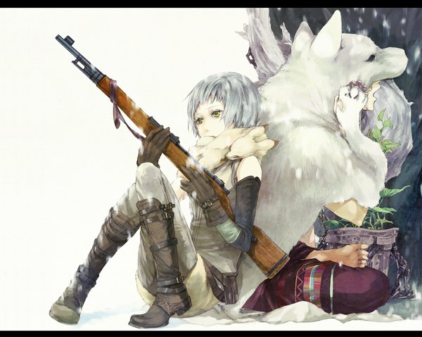 Anime picture 1077x860 with original comazaki short hair white background sitting yellow eyes silver hair snowing winter snow wolf ears back to back girl boy gloves weapon plant (plants) detached sleeves tree (trees) gun