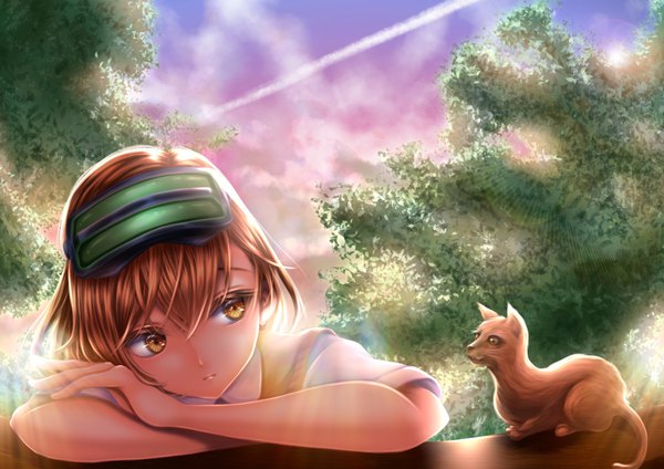 Anime picture 1684x1191 with to aru majutsu no index j.c. staff misaka imouto pura single fringe short hair hair between eyes brown hair brown eyes looking away sky cloud (clouds) upper body outdoors sunlight short sleeves crossed arms goggles on head condensation trail