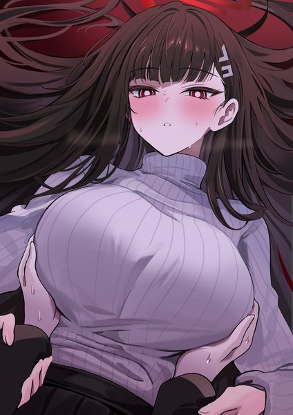 Anime picture 3820x5403 with blue archive rio (blue archive) yuki (asayuki101) long hair tall image looking at viewer fringe highres breasts light erotic black hair red eyes absurdres upper body lying blunt bangs long sleeves parted lips on back sweat