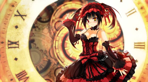 Anime picture 1882x1050 with date a live tokisaki kurumi single long hair looking at viewer blush highres black hair wide image twintails heterochromia girl dress detached sleeves frills headdress clock
