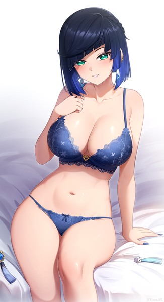 Anime picture 1629x3000 with genshin impact yelan (genshin impact) yisusjpl single tall image looking at viewer blush fringe short hair breasts light erotic black hair simple background smile large breasts white background blunt bangs nail polish parted lips multicolored hair