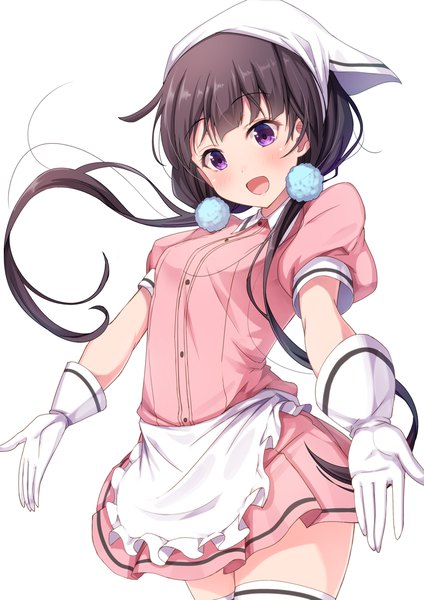 Anime picture 780x1103 with blend s a-1 pictures sakuranomiya maika matokechi single long hair tall image blush open mouth black hair simple background white background purple eyes twintails puffy sleeves low twintails looking down waitress girl thighhighs