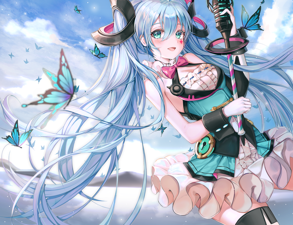 Anime picture 3000x2300 with vocaloid magical mirai (vocaloid) hatsune miku magical mirai miku magical mirai miku (2019) buri (retty9349) single long hair looking at viewer blush fringe highres breasts open mouth smile hair between eyes standing twintails holding sky