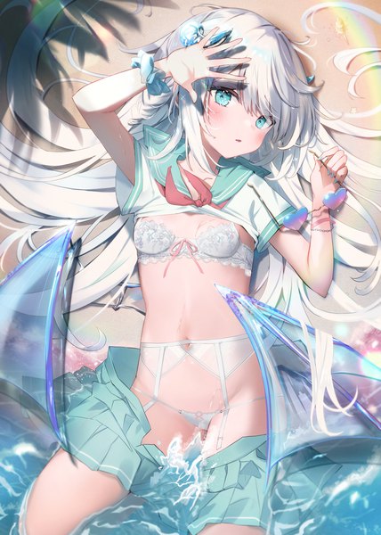 Anime picture 1158x1624 with original omelet tomato single long hair tall image blush fringe breasts open mouth light erotic hair between eyes holding silver hair outdoors lying nail polish head tilt pleated skirt horn (horns) aqua eyes
