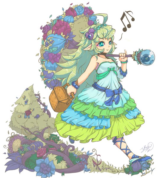 Anime picture 1200x1346 with trombe single long hair tall image simple background smile white background green eyes ahoge green hair pointy ears walking girl dress flower (flowers) plant (plants) rose (roses) umbrella blue rose