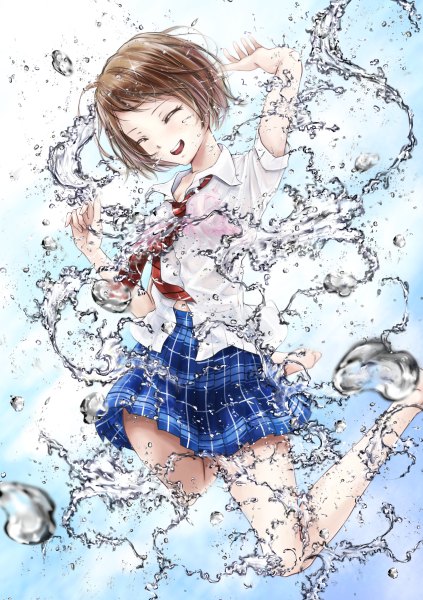 Anime picture 846x1200 with original nuwanko single tall image short hair open mouth smile brown hair eyes closed girl skirt uniform school uniform shirt bubble (bubbles)