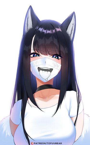 Anime-Bild 800x1280 mit original reiko (tofuubear) tofuubear single long hair tall image looking at viewer blush fringe breasts blue eyes black hair simple background large breasts white background signed animal ears upper body blunt bangs fox ears