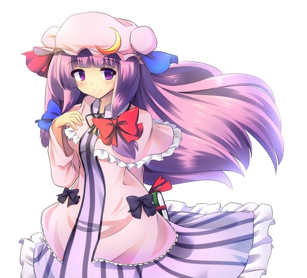 Anime picture 1325x1200 with touhou patchouli knowledge snow (gi66gotyo) long hair blush smile purple eyes purple hair looking back crescent girl dress bow hair bow frills book (books) bonnet