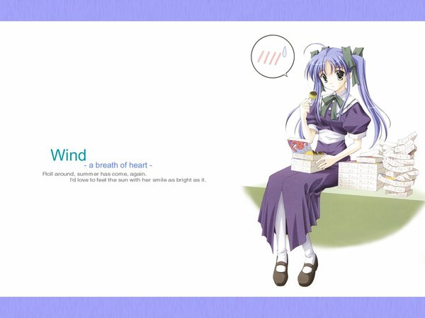 Anime picture 1024x768 with wind a breath of heart narukaze minamo long hair white background sitting twintails yellow eyes purple hair ahoge inscription eating girl thighhighs uniform ribbon (ribbons) hair ribbon school uniform white thighhighs food