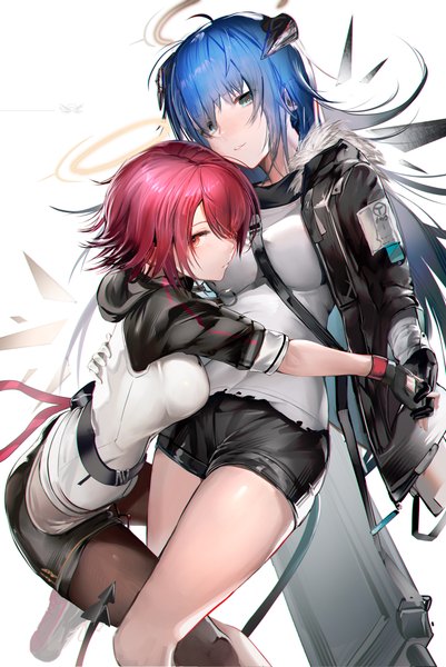 Anime picture 3305x4944 with arknights exusiai (arknights) mostima (arknights) hiyaori (hiyahiyaval) long hair tall image fringe highres short hair blue eyes simple background red eyes white background multiple girls blue hair absurdres red hair horn (horns) hair over one eye hug