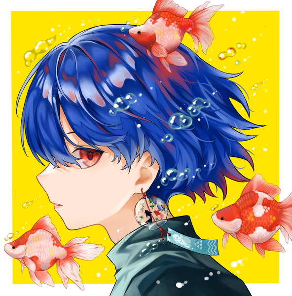 Anime picture 1868x1894 with original gfpebs single tall image highres short hair red eyes blue hair upper body profile border portrait yellow background girl animal bubble (bubbles) fish (fishes) goldfish wind chime