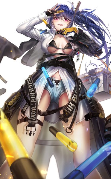 Anime picture 800x1292 with girls frontline k11 (girls frontline) limit x single long hair tall image looking at viewer blush fringe breasts light erotic simple background smile hair between eyes standing white background holding blue hair cleavage pink eyes