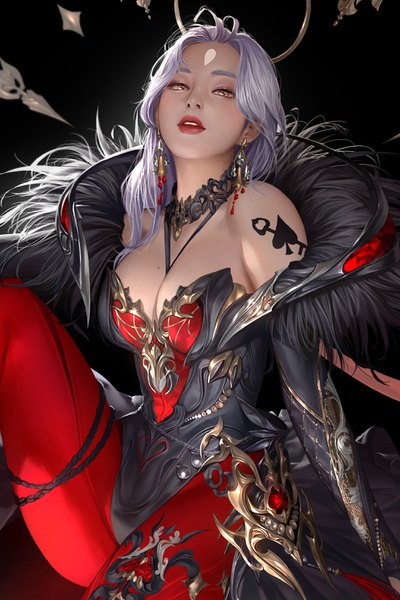 Anime picture 2181x3271 with original taekwon kim single long hair tall image looking at viewer highres breasts simple background sitting yellow eyes silver hair tattoo fur trim lipstick black background red lipstick cropped girl earrings