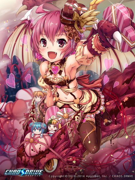 Anime picture 800x1067 with chaos drive sakiyamama single tall image looking at viewer blush fringe short hair breasts open mouth light erotic smile hair between eyes sitting bare shoulders pink hair ahoge :d pink eyes horn (horns)