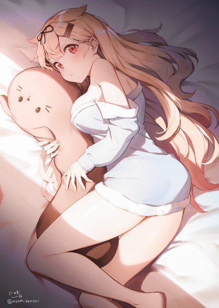 Anime picture 1786x2505 with kantai collection yuudachi destroyer nyum single long hair tall image looking at viewer blush fringe highres breasts light erotic blonde hair red eyes signed bent knee (knees) lying blunt bangs off shoulder twitter username