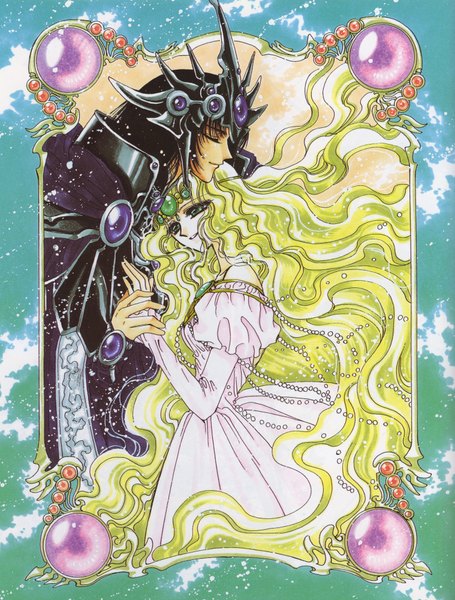 Anime picture 3033x4000 with magic knight rayearth clamp emeraude zagato long hair tall image highres short hair black hair blonde hair simple background green eyes absurdres eyes closed very long hair puffy sleeves couple hug holding hands framed