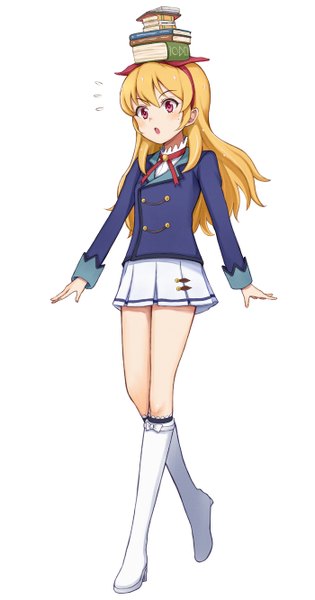 Anime picture 700x1332 with aikatsu! hoshimiya ichigo purea single long hair tall image blush fringe open mouth simple background blonde hair white background looking away pink eyes walking girl uniform bow hair bow school uniform