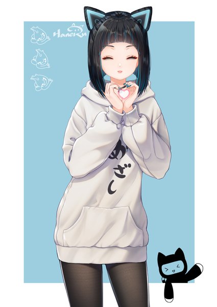 Anime picture 708x1000 with virtual youtuber gems company mizushima aoi (virtual youtuber) haneru single tall image looking at viewer fringe short hair black hair simple background standing signed animal ears eyes closed nail polish parted lips multicolored hair fingernails cat ears