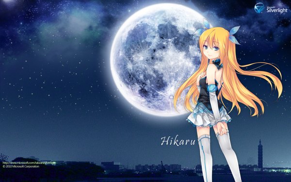 Anime picture 1440x900 with os-tan microsoft aizawa hikaru long hair blue eyes blonde hair wide image looking back from behind night night sky back girl thighhighs moon star (stars) full moon