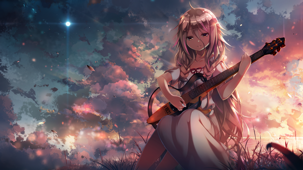 Anime picture 2194x1234 with vocaloid ia (vocaloid) c.c.r single long hair fringe highres blonde hair hair between eyes wide image sitting brown eyes sky cloud (clouds) braid (braids) evening sunset playing instrument girl dress