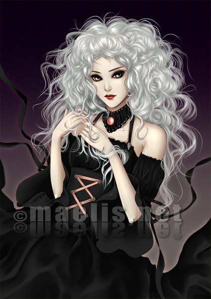Anime picture 600x848 with original m-aelis single long hair tall image looking at viewer signed silver hair lips lipstick red lipstick silver eyes curly hair gothic girl dress