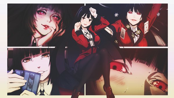 Anime picture 1920x1080 with kakegurui jabami yumeko 'o'ne (ekdlem1) dinocojv blacky long hair looking at viewer blush fringe highres breasts open mouth black hair smile red eyes wide image large breasts blunt bangs nail polish fingernails