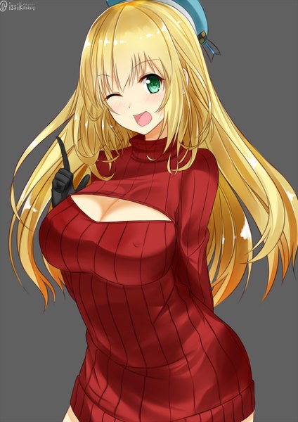 Anime picture 1000x1414 with kantai collection takao heavy cruiser isshiki (ffmania7) single long hair tall image looking at viewer fringe breasts open mouth light erotic blonde hair simple background large breasts standing signed cleavage nipples one eye closed wink