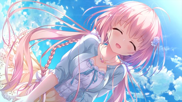 Anime picture 2560x1440 with karenai sekai to owaru hana haru (karenai sekai to owaru hana) ameto yuki single long hair blush fringe highres breasts open mouth wide image large breasts twintails pink hair game cg sky cloud (clouds) ahoge braid (braids) eyes closed