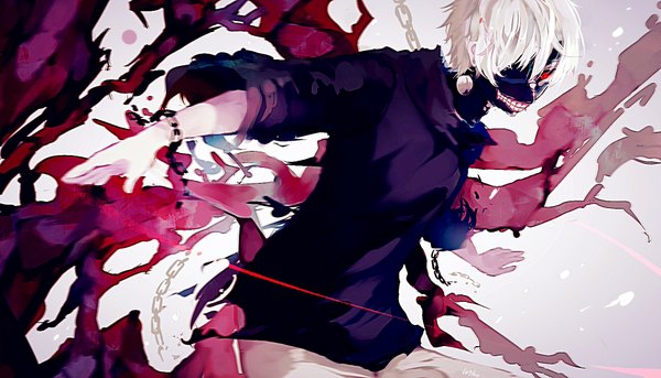 Anime picture 1819x1042 with tokyo ghoul studio pierrot kaneki ken miko (pixiv) single fringe highres short hair red eyes wide image white hair glowing spread arms glowing eye (eyes) black sclera boy chain mask zipper shackles