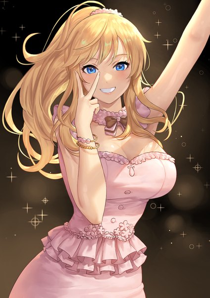 Anime picture 1497x2120 with idolmaster idolmaster cinderella girls ootsuki yui nhaliz single long hair tall image looking at viewer blush fringe breasts blue eyes light erotic simple background blonde hair smile hair between eyes large breasts payot cleavage