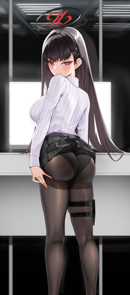 Anime picture 2550x5760 with blue archive rio (blue archive) matrix16 single long hair tall image looking at viewer fringe highres breasts light erotic black hair smile red eyes large breasts standing ass blunt bangs long sleeves looking back