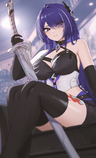 Anime picture 2212x3657 with honkai: star rail honkai (series) acheron (honkai: star rail) nvl single long hair tall image looking at viewer fringe highres breasts sitting purple eyes twintails bare shoulders holding purple hair bent knee (knees) blurry hair over one eye