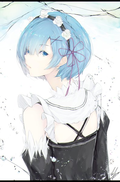 Anime picture 1547x2345 with re:zero kara hajimeru isekai seikatsu white fox rem (re:zero) marumoru single tall image short hair blue eyes blue hair looking back maid girl dress uniform detached sleeves headdress maid headdress