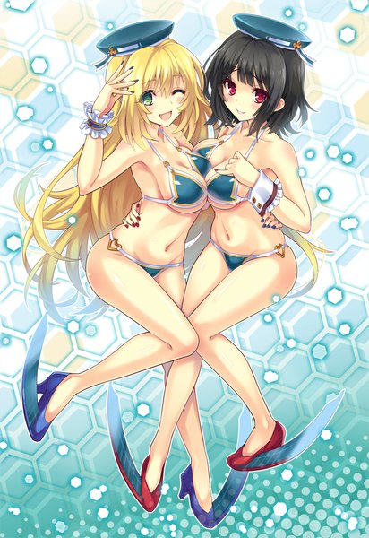 Anime picture 688x1000 with kantai collection atago heavy cruiser takao heavy cruiser urabi (tomatohouse) long hair tall image blush short hair breasts open mouth light erotic black hair blonde hair red eyes multiple girls green eyes one eye closed wink girl 2 girls