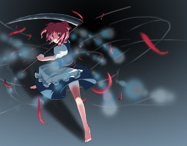 Anime picture 1640x1280 with touhou onozuka komachi organ derwald single looking at viewer short hair red eyes pink hair full body barefoot two side up puffy sleeves shaded face girl hair bobbles scythe