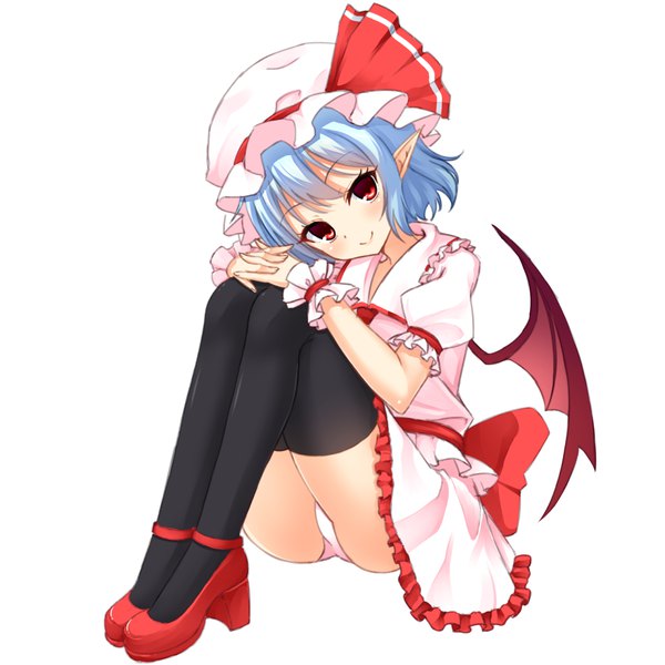 Anime picture 1280x1280 with touhou remilia scarlet junior27016 single looking at viewer fringe short hair light erotic simple background smile red eyes white background sitting blue hair full body pointy ears short sleeves high heels puffy sleeves thighs