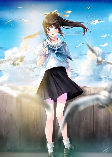 Anime picture 1080x1515 with original kazuharu kina single long hair tall image looking at viewer blush fringe blue eyes black hair standing holding signed payot sky cloud (clouds) full body outdoors wind blurry