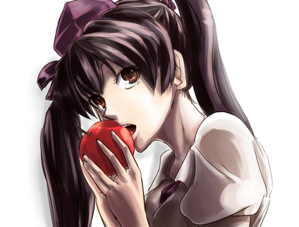 Anime picture 2100x1600 with touhou himekaidou hatate upda single long hair looking at viewer highres open mouth black hair simple background red eyes white background twintails girl hat apple