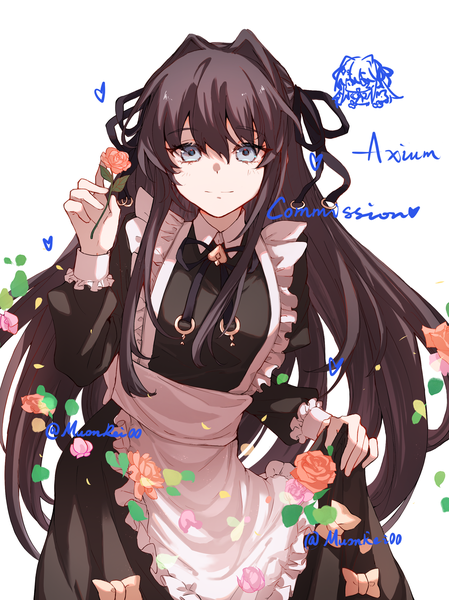 Anime picture 1995x2667 with arcaea tairitsu (arcaea) muonrei00 single long hair tall image looking at viewer fringe highres blue eyes black hair simple background hair between eyes standing white background holding payot long sleeves light smile maid